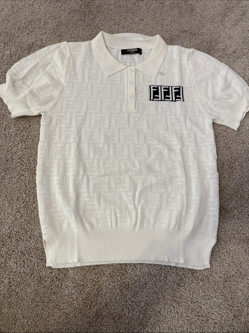 Fendi White Knit Polo with Black FF Logo Patch